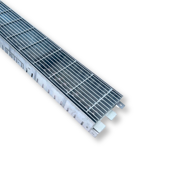Fassadenrinne zur Entwässerung | Länge 1000mm, Breite 130mm, Höhe 50-70mm Längsstabrost verzinkt