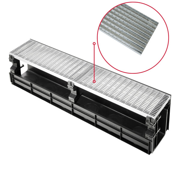 Entwässerungsrinne CANYON 3.0 aus recyceltem Kunststoff, Komplettset Rost + 3x Konsolen | Länge 1000 mm, Breite 207 mm, Höhe 250 mm Barfußrost Ohne Türprofil