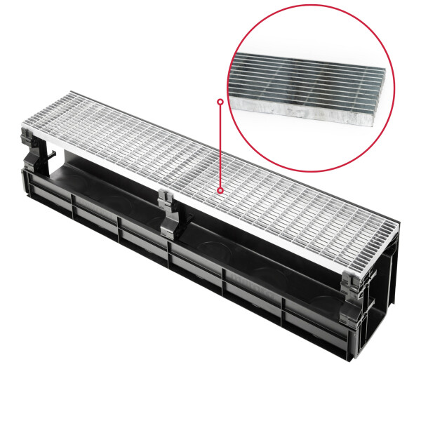 Entwässerungsrinne CANYON 3.0 aus recyceltem Kunststoff, Komplettset Rost + 3x Konsolen | Länge 1000 mm, Breite 207 mm, Höhe 250 mm Längsstabrost Ohne Türprofil