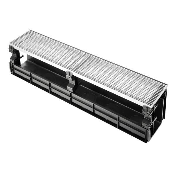 Entwässerungsrinne CANYON 3.0 aus recyceltem Kunststoff, Komplettset Rost + 3x Konsolen | Länge 1000 mm, Breite 207 mm, Höhe 250 mm Press-Gitterrost Ohne Türprofil