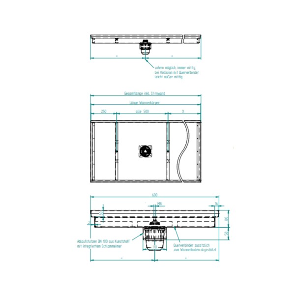 Outlet- Schmutzfangwanne / 2270 x 600 mm / inklusive Gitterrost MW 30 x 10mm / verzinkt